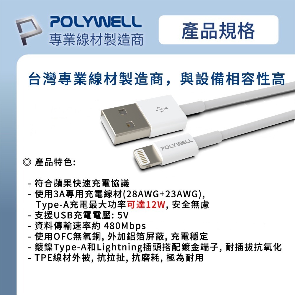 寶利威爾Type-A Lightning 3A充電數據線20公分~2米PD快充適用 iPhone POLYWELL台灣-細節圖7