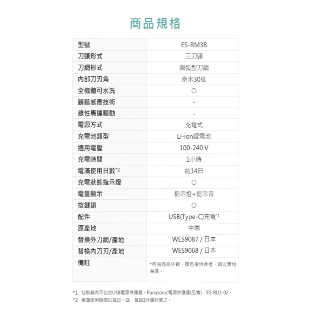 Panasonic 國際牌 三刀頭防水充電式電鬍刀	ES-RM3B-細節圖5