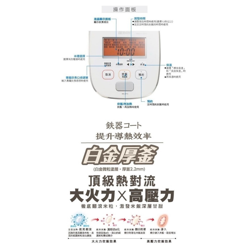 ZOJIRUSHI 象印 日製6人份白金厚釜壓力IH電子鍋NW-JBF10-細節圖3