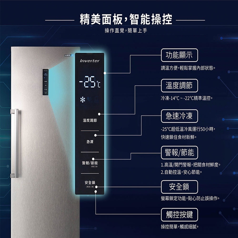 (約裝商品)SAMPO 聲寶 285L變頻直立式冷凍櫃 SRF-285FD 含基本安裝-細節圖2