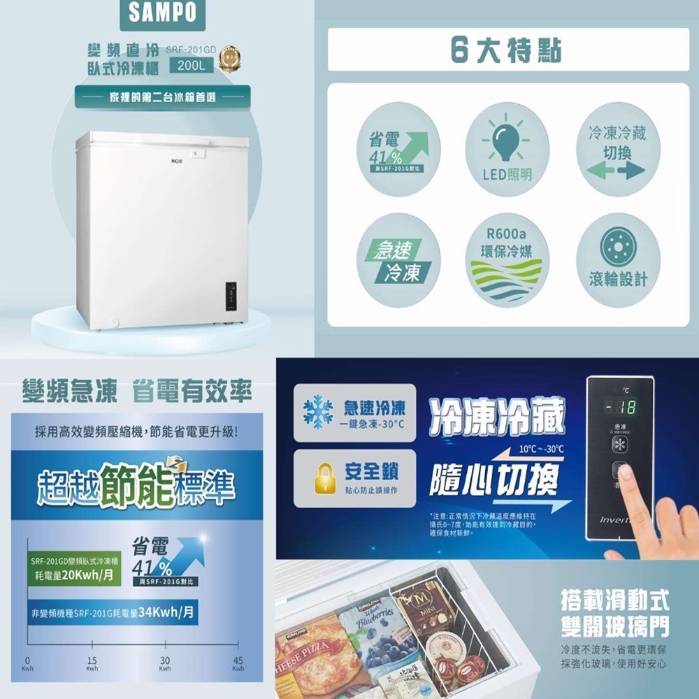 (約裝商品)SAMPO 聲寶 200L上掀式冷凍櫃 SRF-201GD 含基本安裝-細節圖2