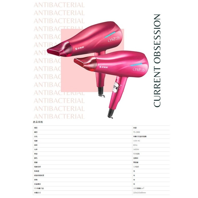 TASHIN 達新牌 負離子抗菌吹風機TS-2969-細節圖3