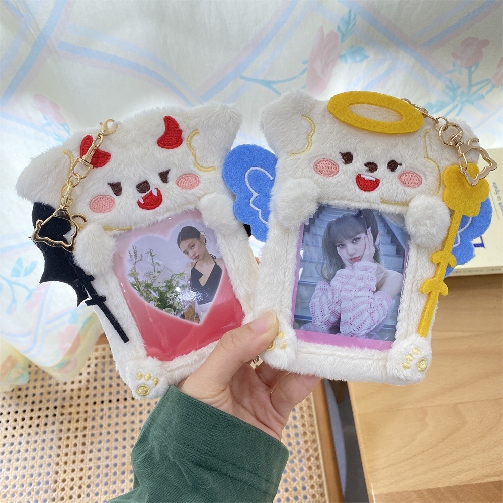 【天使造型 絨毛卡套】可愛毛絨絨狗狗包包吊飾 cp卡套cp卡磚cp相框卡通Q版韓星小卡鑰匙圈動漫卡片毛茸茸惡魔角造型掛件-細節圖3