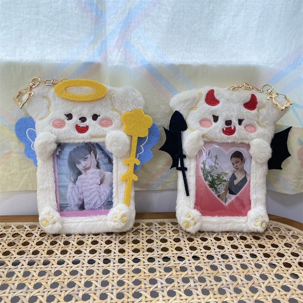 【天使造型 絨毛卡套】可愛毛絨絨狗狗包包吊飾 cp卡套cp卡磚cp相框卡通Q版韓星小卡鑰匙圈動漫卡片毛茸茸惡魔角造型掛件-細節圖5