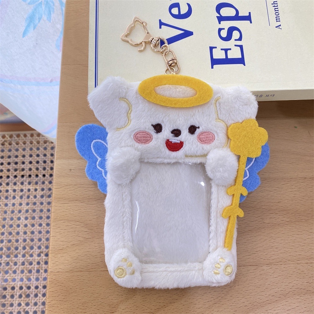 【天使造型 絨毛卡套】可愛毛絨絨狗狗包包吊飾 cp卡套cp卡磚cp相框卡通Q版韓星小卡鑰匙圈動漫卡片毛茸茸惡魔角造型掛件-細節圖6