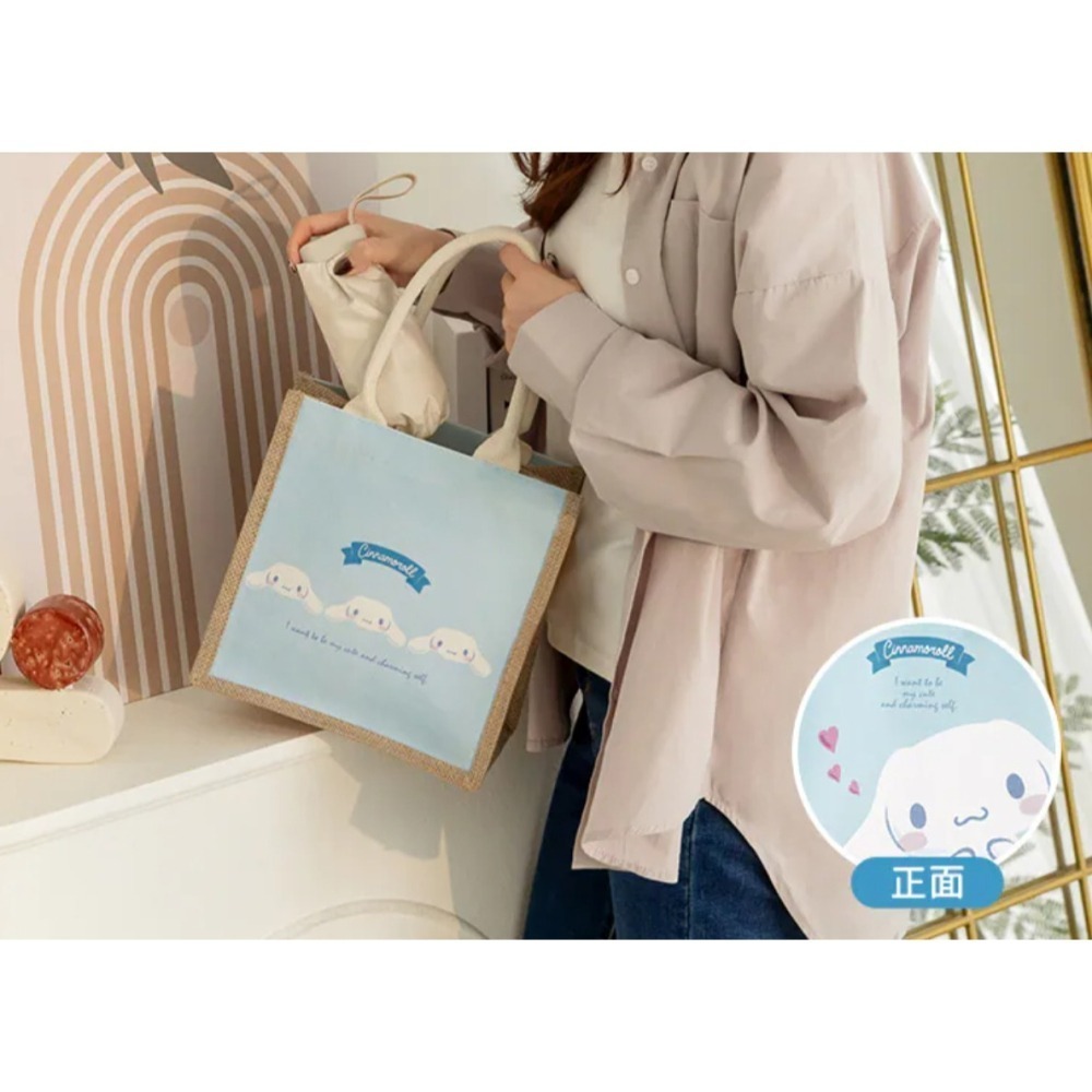 【三麗鷗大耳狗可愛大臉棉麻手提袋 送小禮】大開口手提包 自然風麻布提袋 日式編織袋托特包 文青風黃麻環保袋 無印風便當袋-細節圖4