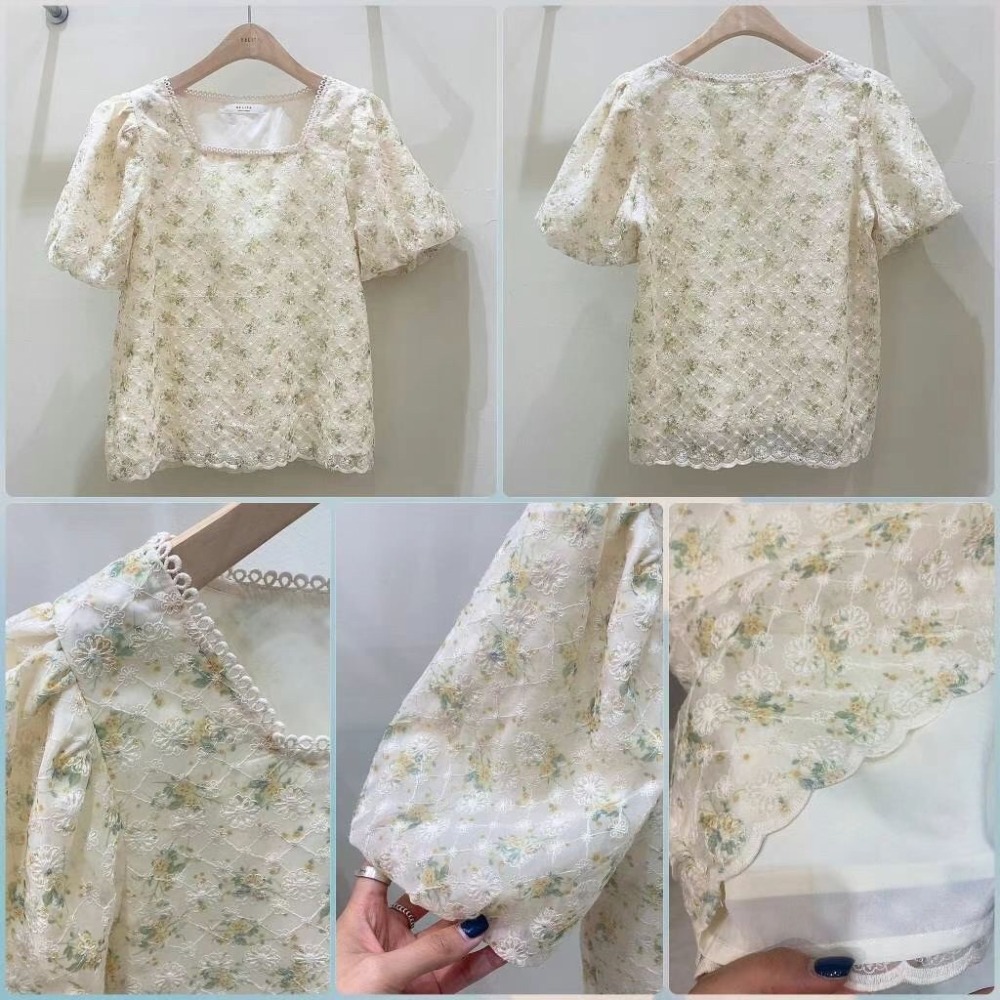 正韓 方領刺繡蕾絲花上衣 韓國連線 韓國代購 韓國空運3-75541-細節圖4