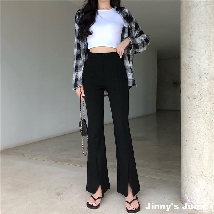 現貨❤️涼感夏天可穿腿超瘦西裝褲 西裝喇叭高腰褲 喇叭褲 開衩褲 西裝褲 長褲 高腰褲 顯瘦長褲 女西裝褲 黑色長褲-細節圖3