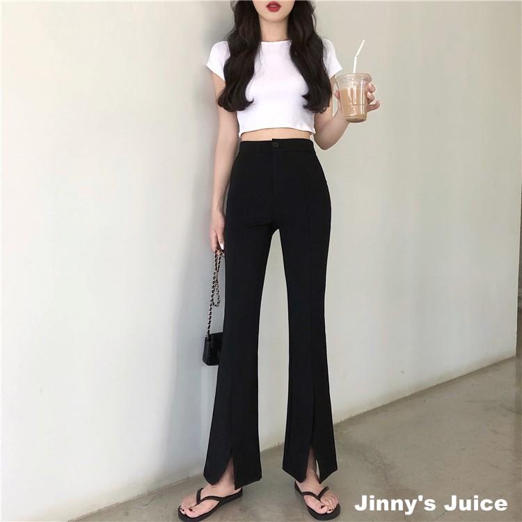 現貨❤️涼感夏天可穿腿超瘦西裝褲 西裝喇叭高腰褲 喇叭褲 開衩褲 西裝褲 長褲 高腰褲 顯瘦長褲 女西裝褲 黑色長褲-細節圖8