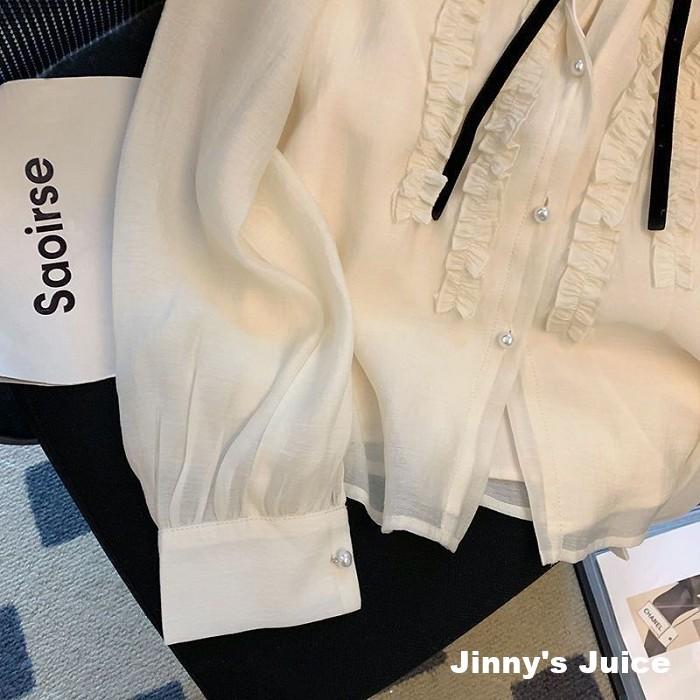 現貨 法式蕾絲氣質襯衫 氣質襯衫 氣質上衣 法式襯衫 法式上衣 蕾絲襯衫 蕾絲上衣 長袖上衣 襯衫上衣 學生上衣-細節圖3