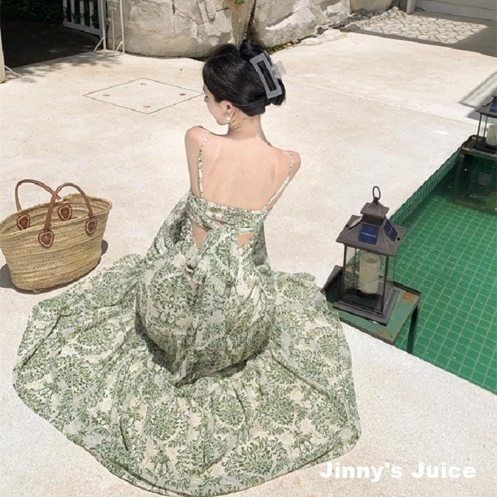 現貨 法式小碎花渡假洋裝 長裙洋裝 小碎花洋裝 碎花長裙洋裝 長洋裝 渡假洋裝 海邊洋裝 露背洋裝 細肩帶洋裝 海島洋裝-細節圖4