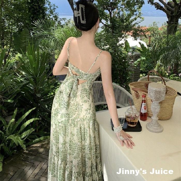 現貨 法式小碎花渡假洋裝 長裙洋裝 小碎花洋裝 碎花長裙洋裝 長洋裝 渡假洋裝 海邊洋裝 露背洋裝 細肩帶洋裝 海島洋裝-細節圖8