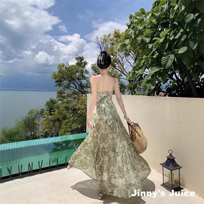 現貨 法式小碎花渡假洋裝 長裙洋裝 小碎花洋裝 碎花長裙洋裝 長洋裝 渡假洋裝 海邊洋裝 露背洋裝 細肩帶洋裝 海島洋裝-細節圖9
