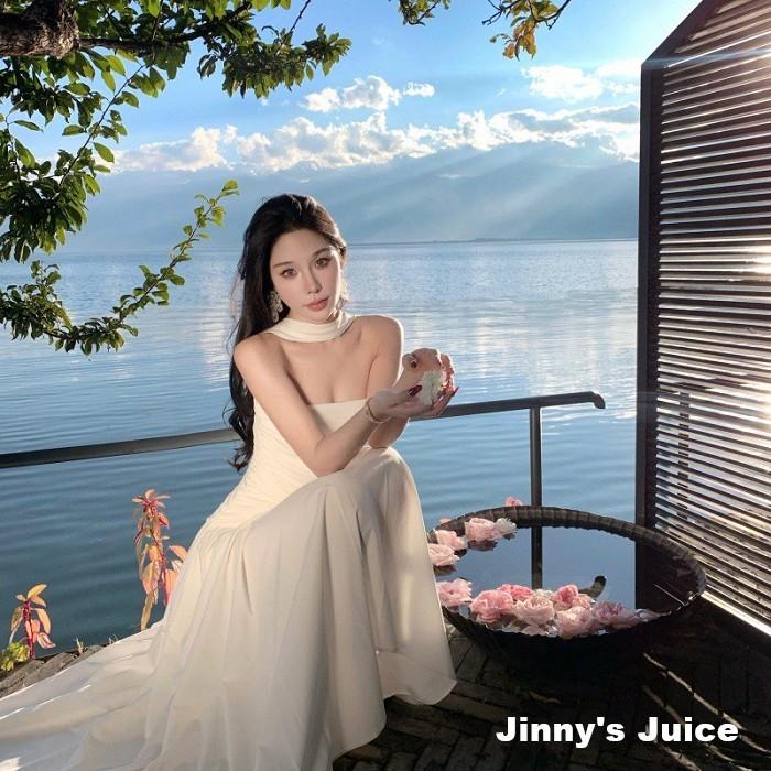 現貨 法式浪漫洋裝 平口洋裝 掛脖洋裝 渡假洋裝 網紗洋裝 微透洋裝 氣質洋裝 希臘洋裝 白色洋裝 長裙洋裝 禮服 婚紗-細節圖4