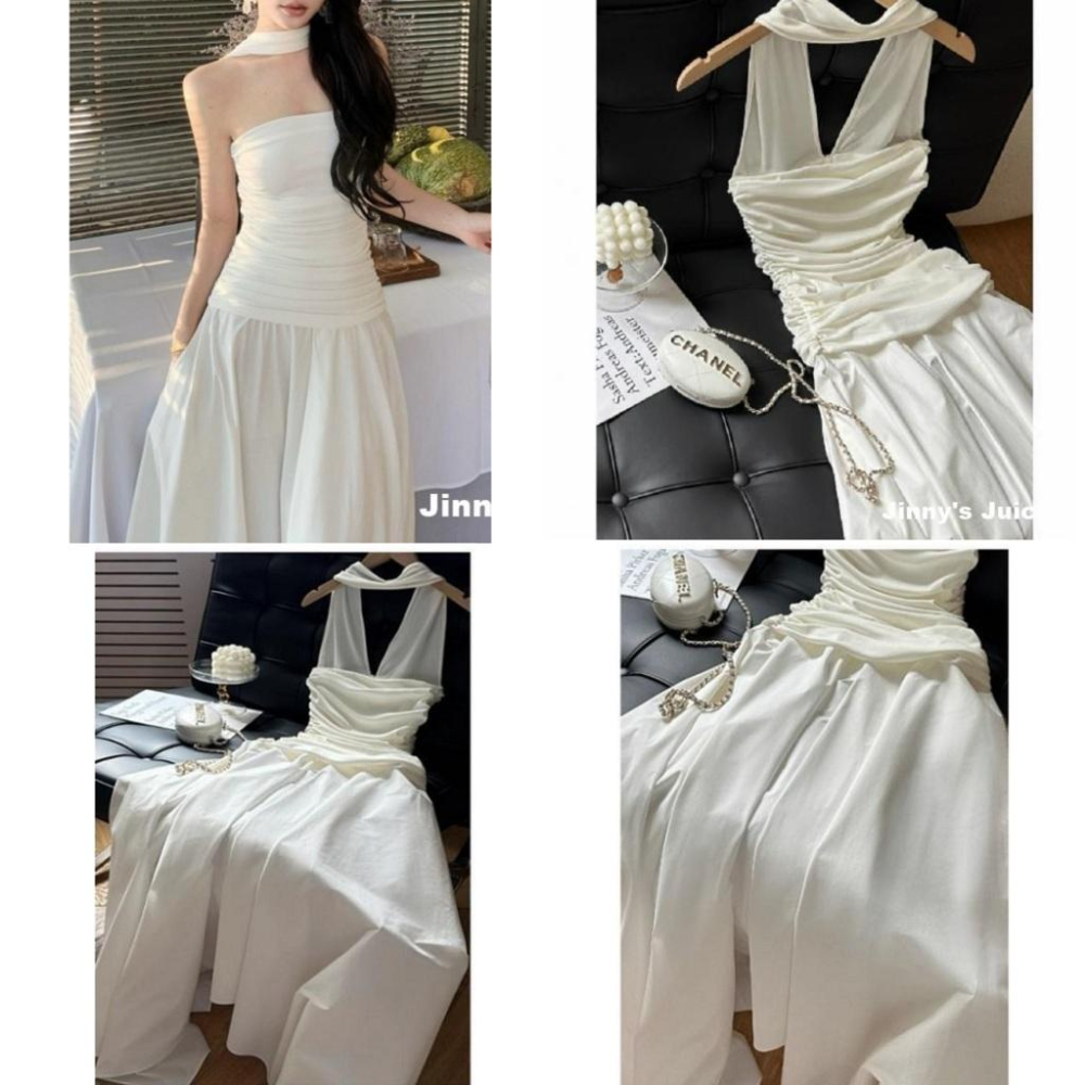 現貨 法式浪漫洋裝 平口洋裝 掛脖洋裝 渡假洋裝 網紗洋裝 微透洋裝 氣質洋裝 希臘洋裝 白色洋裝 長裙洋裝 禮服 婚紗-細節圖9