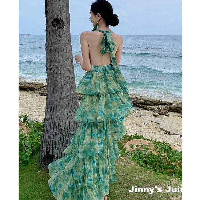 現貨 綠色暈染渡假洋裝 掛脖洋裝 露背洋裝 蛋糕洋裝 漸層洋裝 渡假洋裝 渡假長裙 綠色洋裝 綠色長裙 露背洋裝 長洋裝-細節圖3