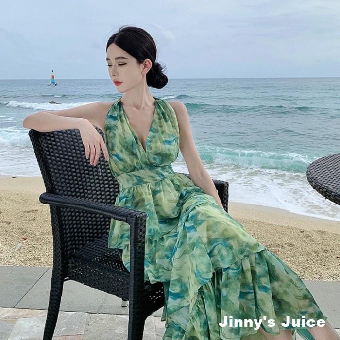 現貨 綠色暈染渡假洋裝 掛脖洋裝 露背洋裝 蛋糕洋裝 漸層洋裝 渡假洋裝 渡假長裙 綠色洋裝 綠色長裙 露背洋裝 長洋裝-細節圖4