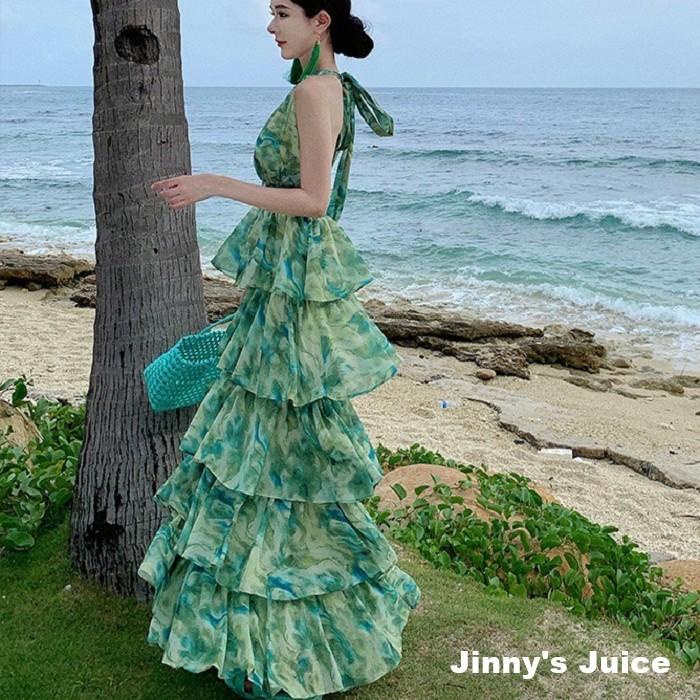 現貨 綠色暈染渡假洋裝 掛脖洋裝 露背洋裝 蛋糕洋裝 漸層洋裝 渡假洋裝 渡假長裙 綠色洋裝 綠色長裙 露背洋裝 長洋裝-細節圖5