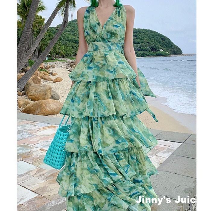 現貨 綠色暈染渡假洋裝 掛脖洋裝 露背洋裝 蛋糕洋裝 漸層洋裝 渡假洋裝 渡假長裙 綠色洋裝 綠色長裙 露背洋裝 長洋裝-細節圖6