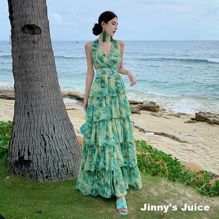 現貨 綠色暈染渡假洋裝 掛脖洋裝 露背洋裝 蛋糕洋裝 漸層洋裝 渡假洋裝 渡假長裙 綠色洋裝 綠色長裙 露背洋裝 長洋裝-細節圖7