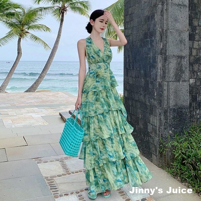 現貨 綠色暈染渡假洋裝 掛脖洋裝 露背洋裝 蛋糕洋裝 漸層洋裝 渡假洋裝 渡假長裙 綠色洋裝 綠色長裙 露背洋裝 長洋裝-細節圖8