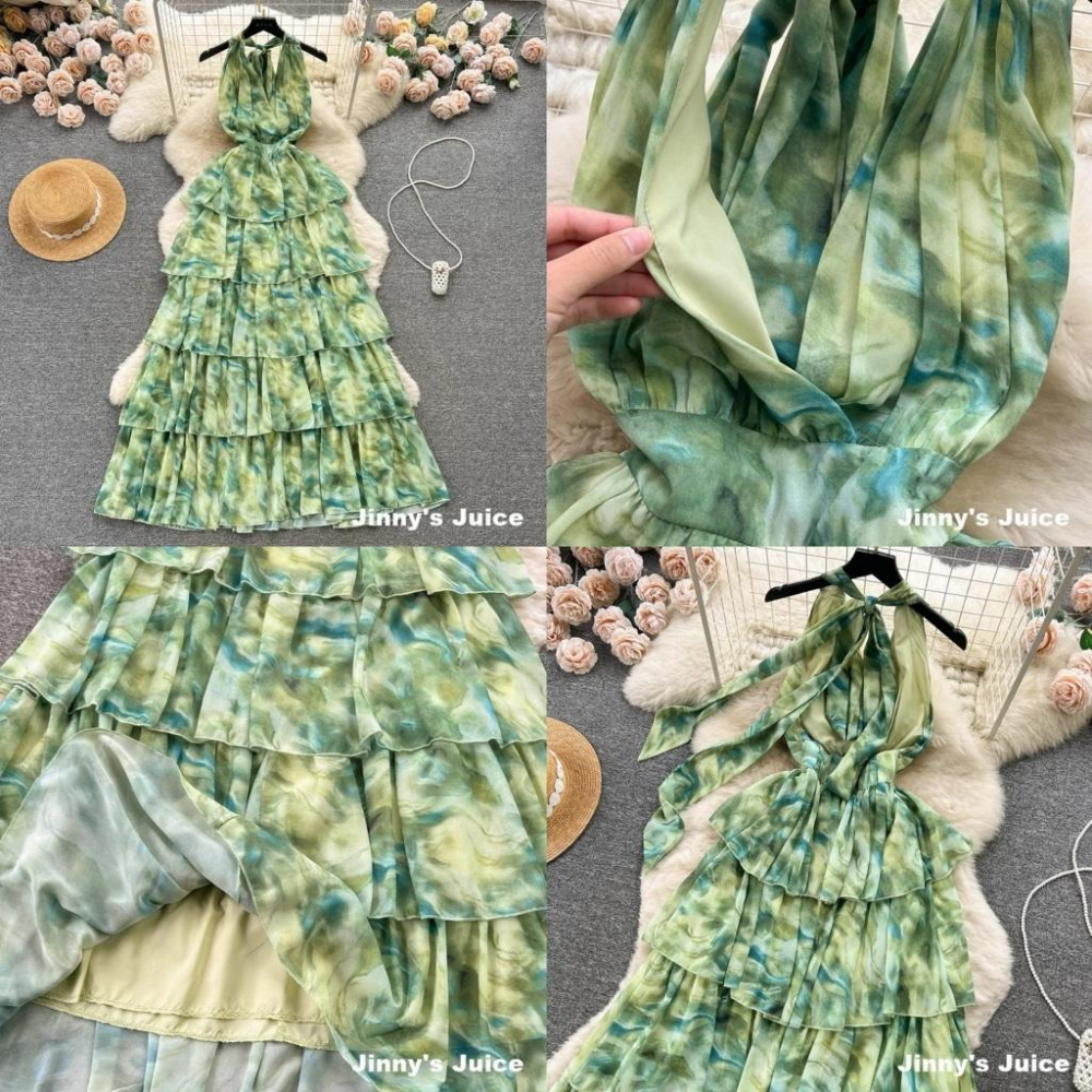 現貨 綠色暈染渡假洋裝 掛脖洋裝 露背洋裝 蛋糕洋裝 漸層洋裝 渡假洋裝 渡假長裙 綠色洋裝 綠色長裙 露背洋裝 長洋裝-細節圖9