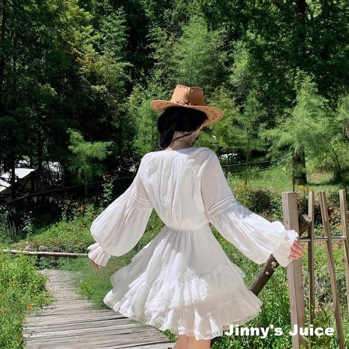 現貨 波西米亞洋裝 傘裙洋裝 蕾絲拼接洋裝 散裙洋裝 牛仔風格洋裝 波西米亞風 棉麻洋裝 短裙洋裝 波西米亞 白色洋裝-細節圖2