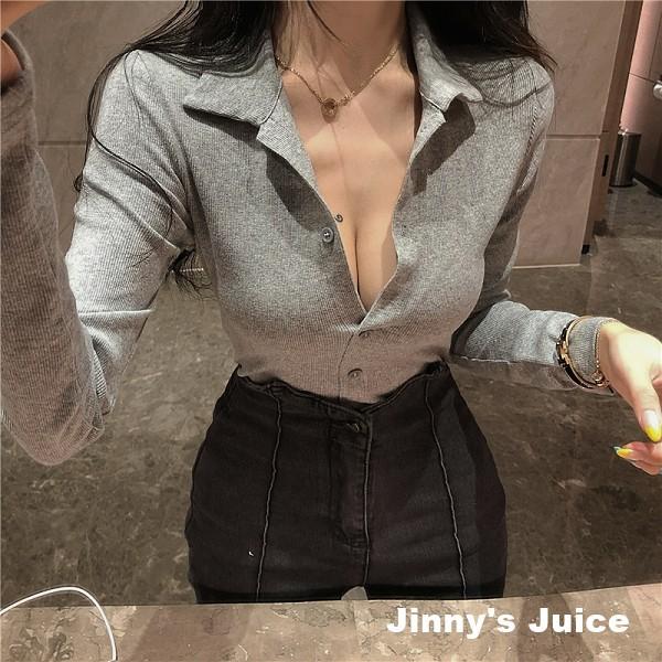 現貨❤️性感polo衫上衣 薄長袖上衣 深V上衣 性感上衣 polo衫 長袖上衣 性感長袖上衣 排扣上衣 合身上衣-細節圖2