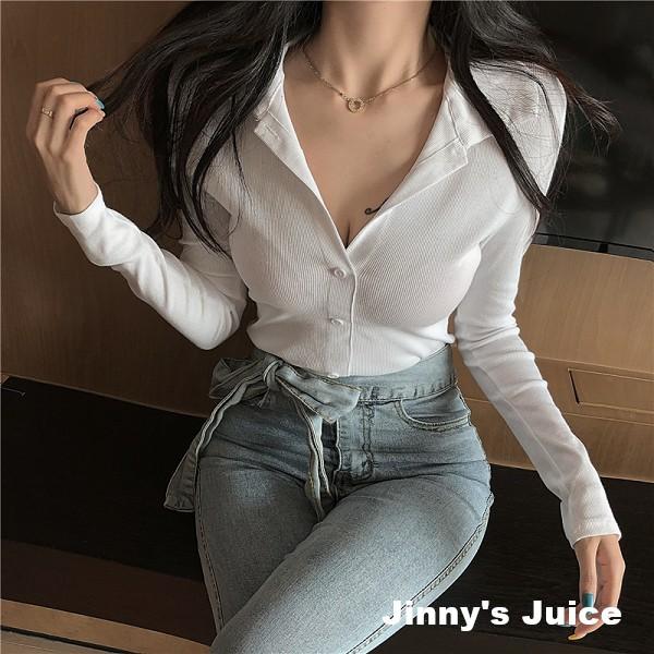 現貨❤️性感polo衫上衣 薄長袖上衣 深V上衣 性感上衣 polo衫 長袖上衣 性感長袖上衣 排扣上衣 合身上衣-細節圖4