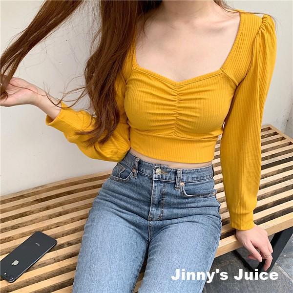 現貨 長袖/短袖 超級顯瘦方領抓皺上衣 方領上衣 抓皺上衣 造型上衣 素色上衣 百搭上衣 薄長袖上衣 性感上衣 短版上衣-細節圖2