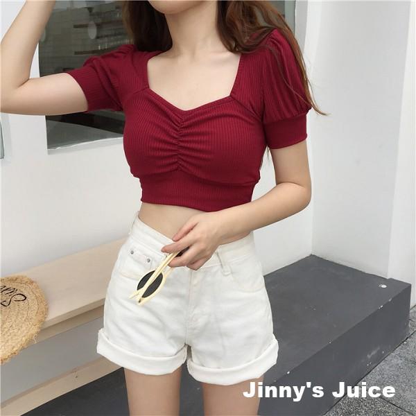 現貨 長袖/短袖 超級顯瘦方領抓皺上衣 方領上衣 抓皺上衣 造型上衣 素色上衣 百搭上衣 薄長袖上衣 性感上衣 短版上衣-細節圖5