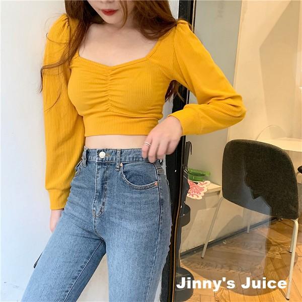 現貨 長袖/短袖 超級顯瘦方領抓皺上衣 方領上衣 抓皺上衣 造型上衣 素色上衣 百搭上衣 薄長袖上衣 性感上衣 短版上衣-細節圖7