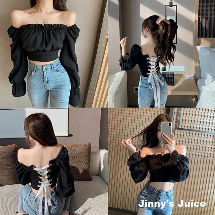 現貨 法式一字領綁帶上衣 一字領上衣 綁帶上衣 美背上衣 木耳邊上衣 緞帶上衣 短版上衣 性感上衣 露肩上衣 露背上衣-細節圖5