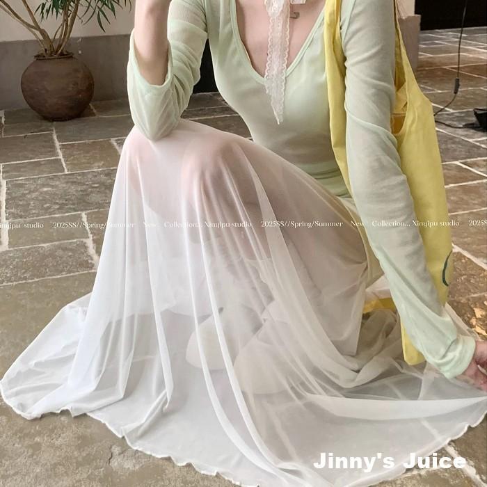 現貨 超好看透視網紗拼接長裙 拼接長裙 仙女長裙 飄逸長裙 白色長裙 透膚長裙 露腿長裙 蕾絲長裙 透視長裙 網紗短裙-細節圖3
