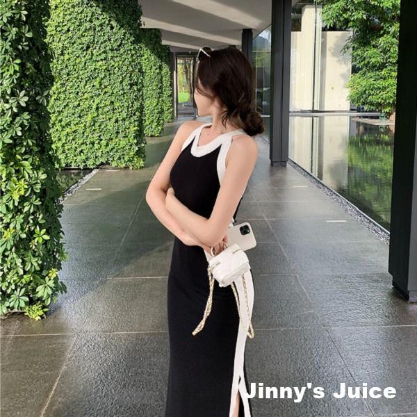 現貨 氣質撞色合身針織長裙洋裝 氣質洋裝 撞色洋裝 針織洋裝 合身洋裝 長裙洋裝 開衩洋裝 削肩洋裝 杏色洋裝-細節圖5