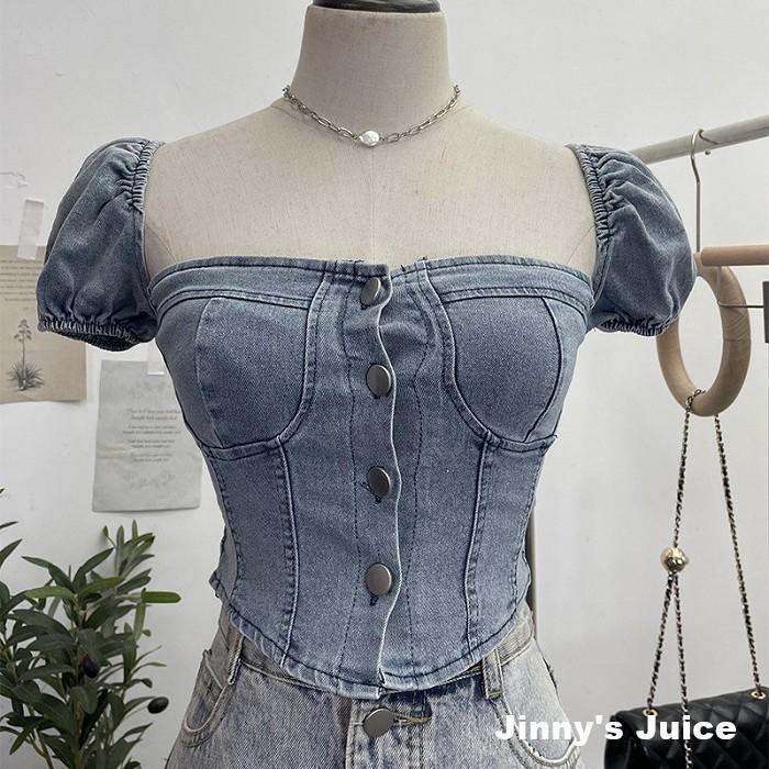 現貨 一字領泡泡袖牛仔上衣 平口上衣 一字領上衣 牛仔上衣 連袖上衣 牛仔一字領上衣 單寧上衣 一字領牛仔上衣 平口上衣-細節圖3