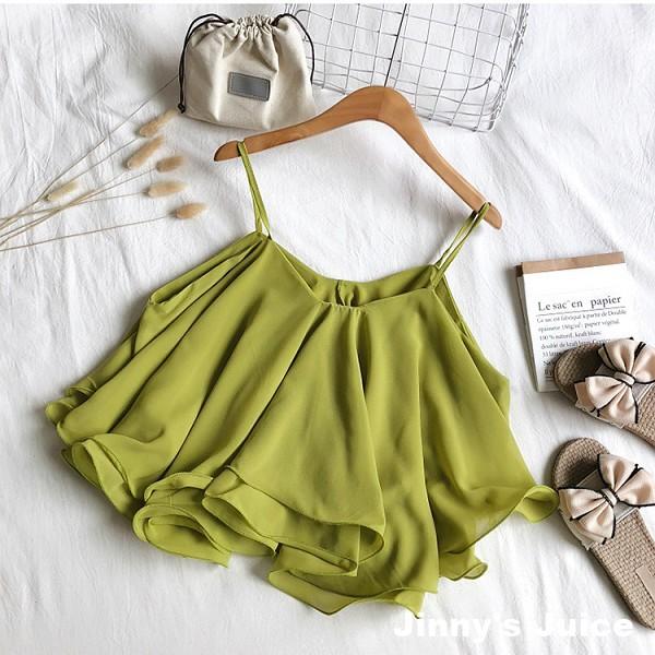 現貨 雪紡可愛荷葉細肩帶上衣 傘狀上衣 荷葉上衣 細肩帶上衣 短版上衣 氣質上衣 可愛上衣 荷葉邊上衣 雪紡上衣-細節圖2