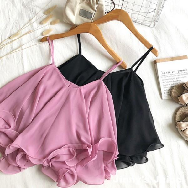 現貨 雪紡可愛荷葉細肩帶上衣 傘狀上衣 荷葉上衣 細肩帶上衣 短版上衣 氣質上衣 可愛上衣 荷葉邊上衣 雪紡上衣-細節圖3