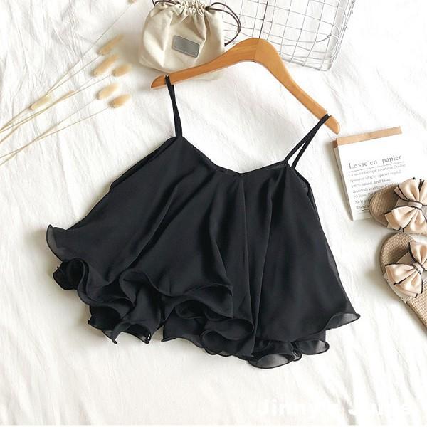 現貨 雪紡可愛荷葉細肩帶上衣 傘狀上衣 荷葉上衣 細肩帶上衣 短版上衣 氣質上衣 可愛上衣 荷葉邊上衣 雪紡上衣-細節圖5