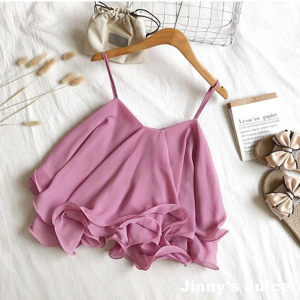 現貨 雪紡可愛荷葉細肩帶上衣 傘狀上衣 荷葉上衣 細肩帶上衣 短版上衣 氣質上衣 可愛上衣 荷葉邊上衣 雪紡上衣-細節圖6