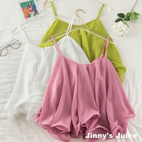 現貨 雪紡可愛荷葉細肩帶上衣 傘狀上衣 荷葉上衣 細肩帶上衣 短版上衣 氣質上衣 可愛上衣 荷葉邊上衣 雪紡上衣-細節圖9