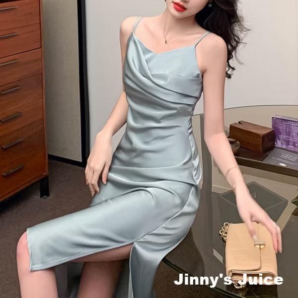 現貨❤️法式緞面洋裝 氣質洋裝 派對洋裝 落領洋裝 開衩洋裝 法式洋裝 登記結婚洋裝 緞面洋裝 正式洋裝 輕婚紗 小禮服-細節圖5