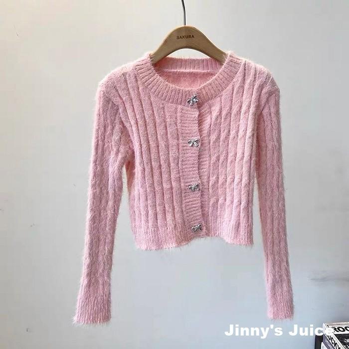 現貨 蝴蝶結扣麻花毛毛針織外套 毛衣外套 毛線外套 毛毛外套 小外套 秋冬外套 短版外套 合身外套 開衫外套 兔毛外套-細節圖2