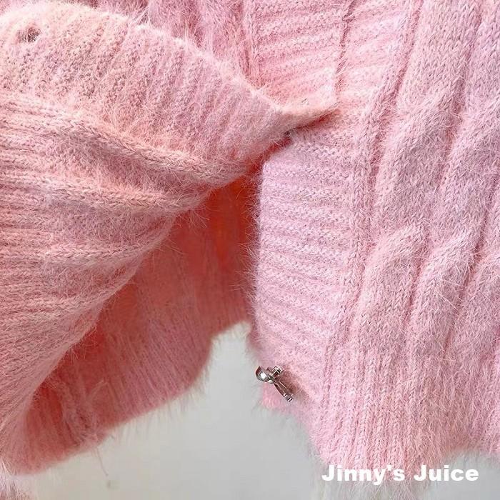 現貨 蝴蝶結扣麻花毛毛針織外套 毛衣外套 毛線外套 毛毛外套 小外套 秋冬外套 短版外套 合身外套 開衫外套 兔毛外套-細節圖3