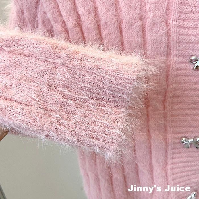 現貨 蝴蝶結扣麻花毛毛針織外套 毛衣外套 毛線外套 毛毛外套 小外套 秋冬外套 短版外套 合身外套 開衫外套 兔毛外套-細節圖4