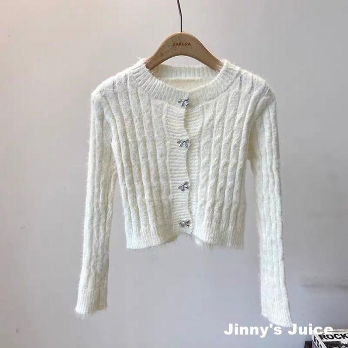 現貨 蝴蝶結扣麻花毛毛針織外套 毛衣外套 毛線外套 毛毛外套 小外套 秋冬外套 短版外套 合身外套 開衫外套 兔毛外套-細節圖5