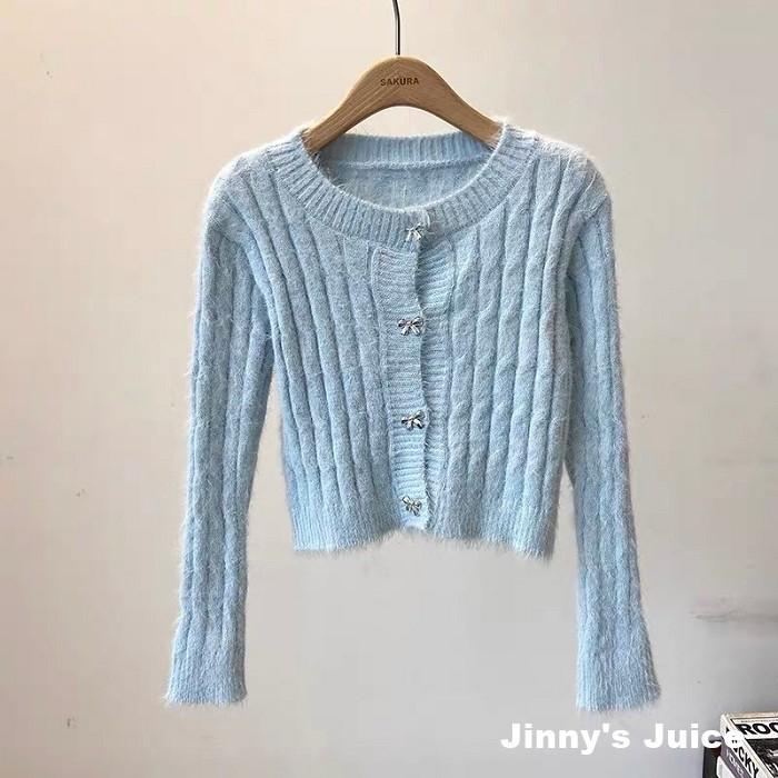 現貨 蝴蝶結扣麻花毛毛針織外套 毛衣外套 毛線外套 毛毛外套 小外套 秋冬外套 短版外套 合身外套 開衫外套 兔毛外套-細節圖7