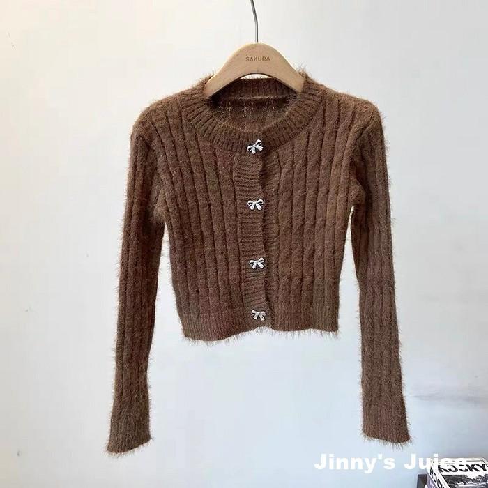 現貨 蝴蝶結扣麻花毛毛針織外套 毛衣外套 毛線外套 毛毛外套 小外套 秋冬外套 短版外套 合身外套 開衫外套 兔毛外套-細節圖8