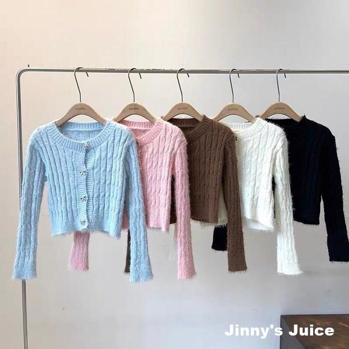 現貨 蝴蝶結扣麻花毛毛針織外套 毛衣外套 毛線外套 毛毛外套 小外套 秋冬外套 短版外套 合身外套 開衫外套 兔毛外套-細節圖9