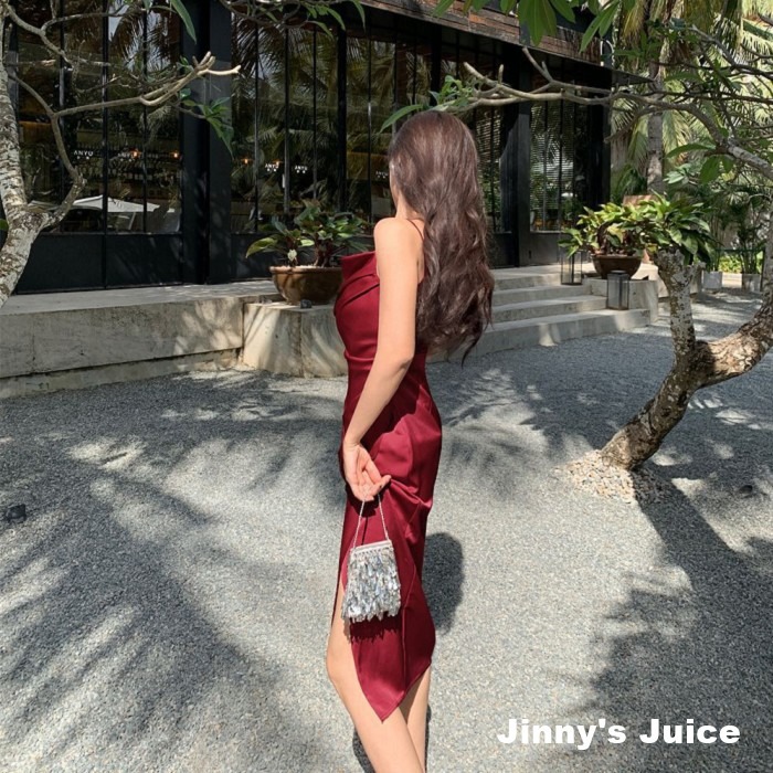 現貨❤️法式緞面洋裝 氣質洋裝 派對洋裝 落領洋裝 不規則洋裝 開衩洋裝 法式洋裝 登記結婚洋裝 緞面洋裝 正式洋裝-細節圖3